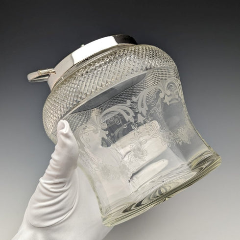 英国ヴィンテージ カットガラス ビスケットバレル シルバープレート蓋 823g